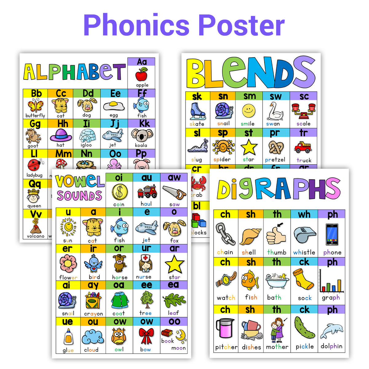4 Pcs Phonics Spelling Classroom A4 Posters Education Teaching Aids