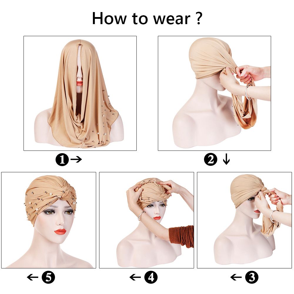 Pleated Turban Cap Faux Pearl Decor Head Wraps Elastic Beanie Bonnet