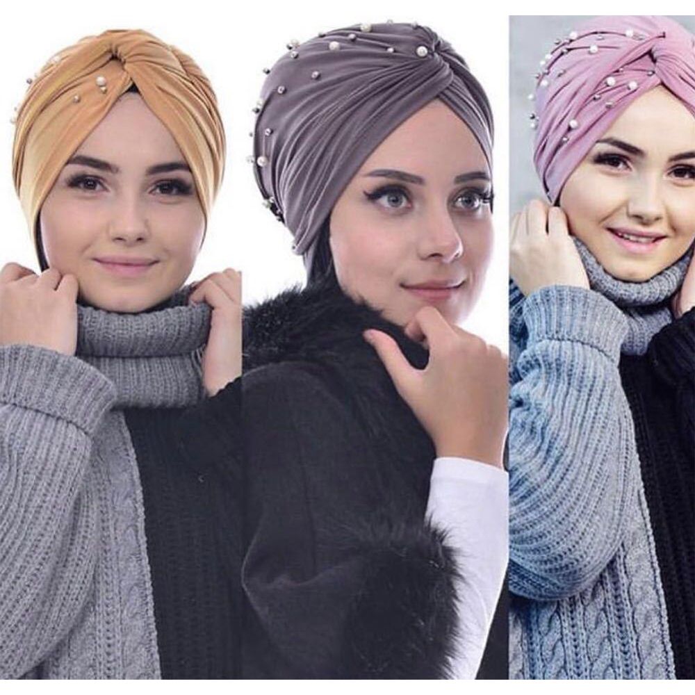 Pleated Turban Cap Faux Pearl Decor Head Wraps Elastic Beanie Bonnet
