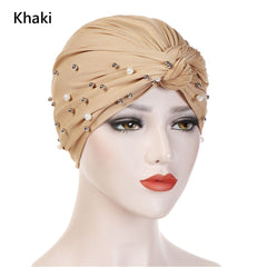 Pleated Turban Cap Faux Pearl Decor Head Wraps Elastic Beanie Bonnet