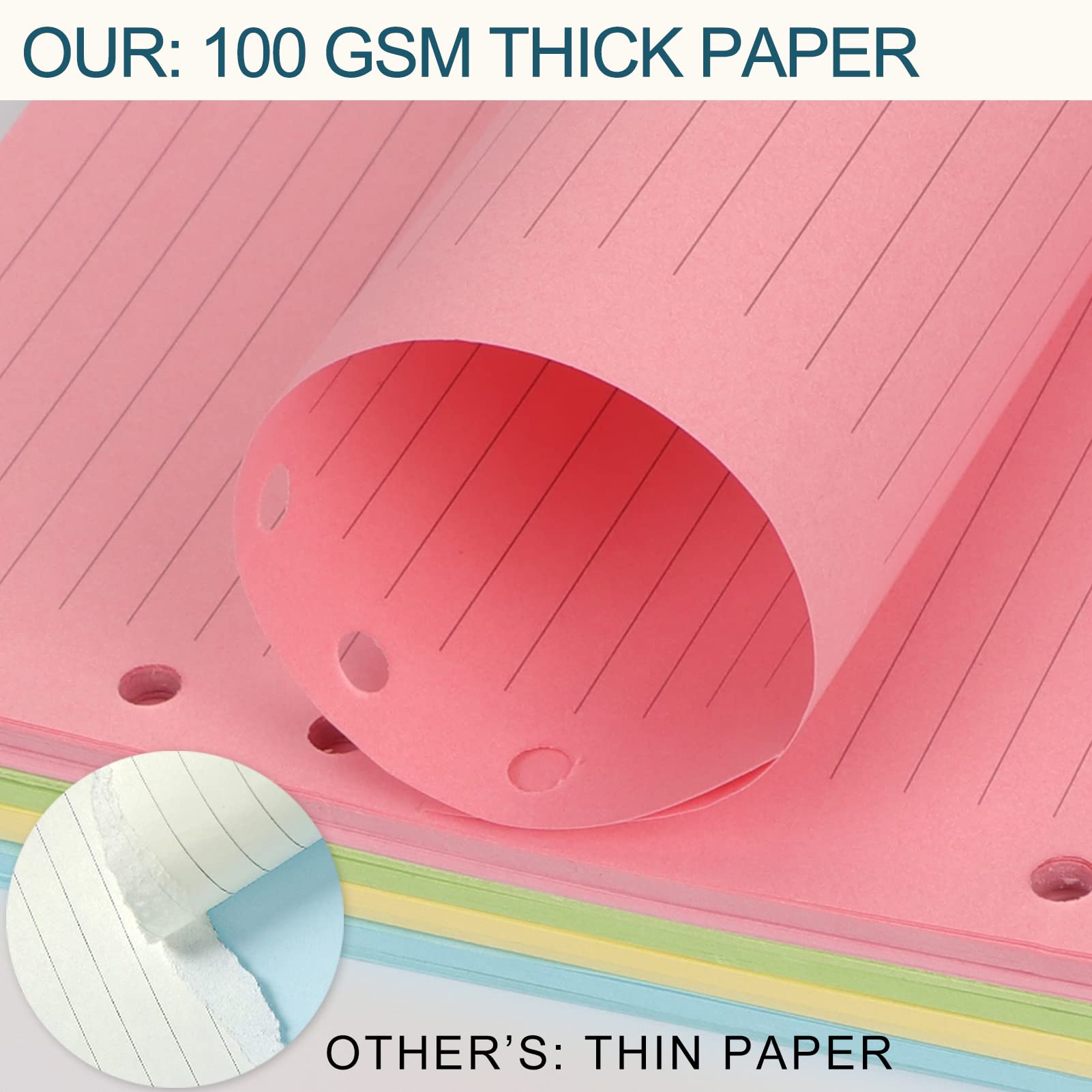 A5 Colorful Refill Paper 100 Sheets 6 Hole Filler Inserts 5 Colors