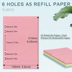 A5 Colorful Refill Paper 100 Sheets 6 Hole Filler Inserts 5 Colors