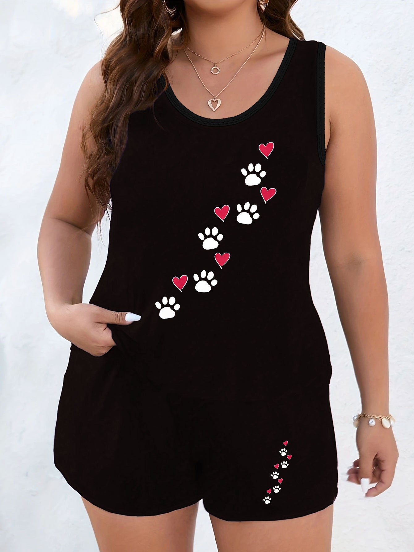  Paw & Heart Print Tank Top & Shorts Pajama Set