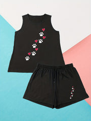  Paw & Heart Print Tank Top & Shorts Pajama Set