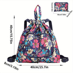 Vintage Flower Pattern Drawstring Backpack with Clutch Pouch