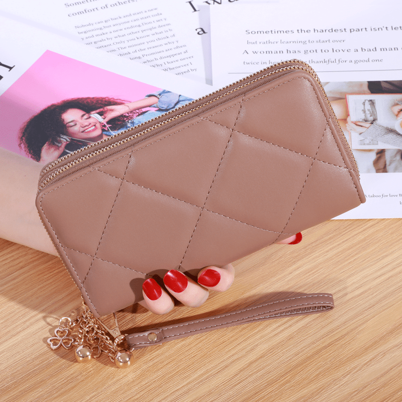 Argyle Quilted Double Zipper Long Wallet Clutch Purses