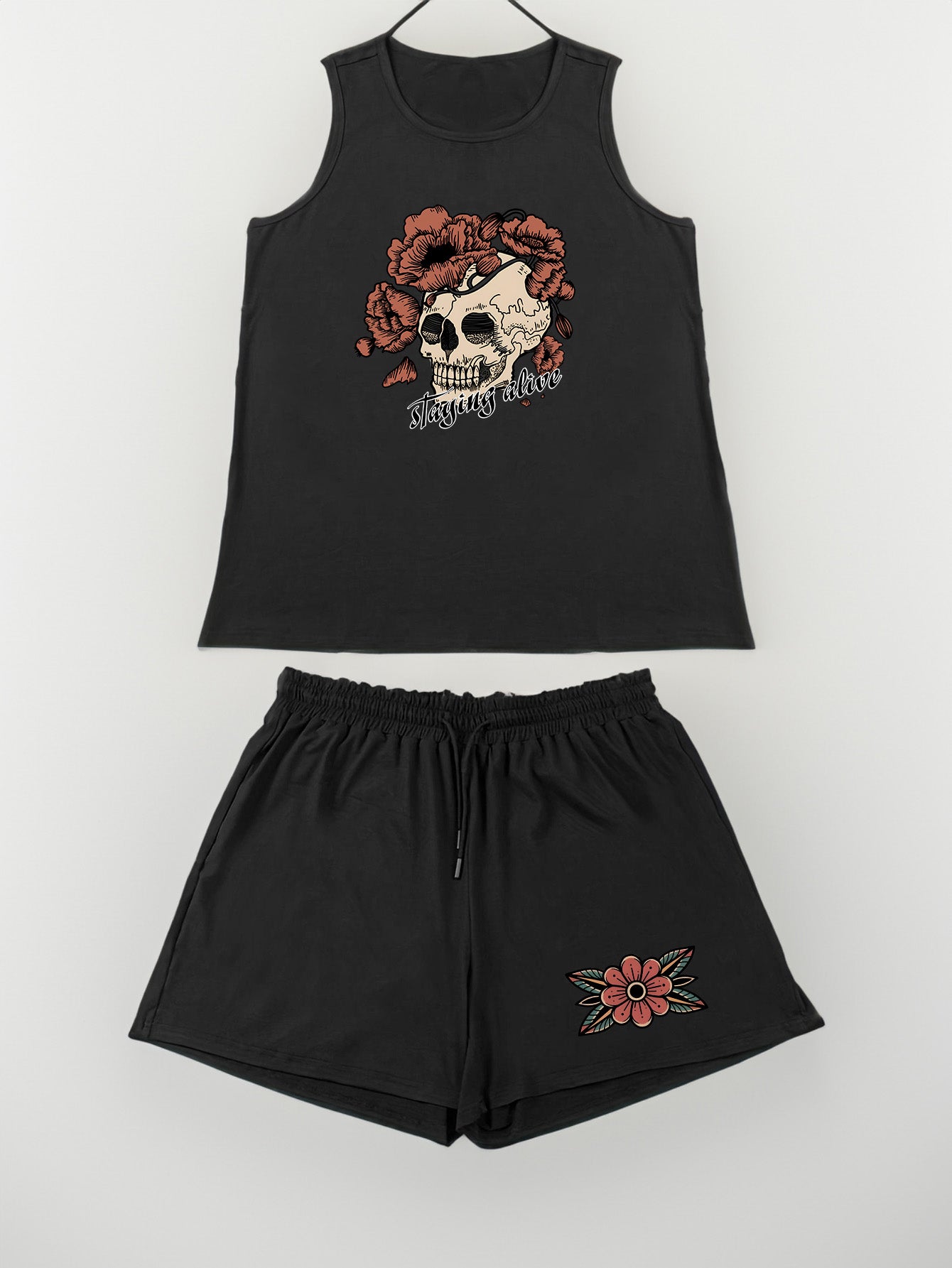  Gothic Loungewear Set Floral Skull Tank Top & Shorts Pajama