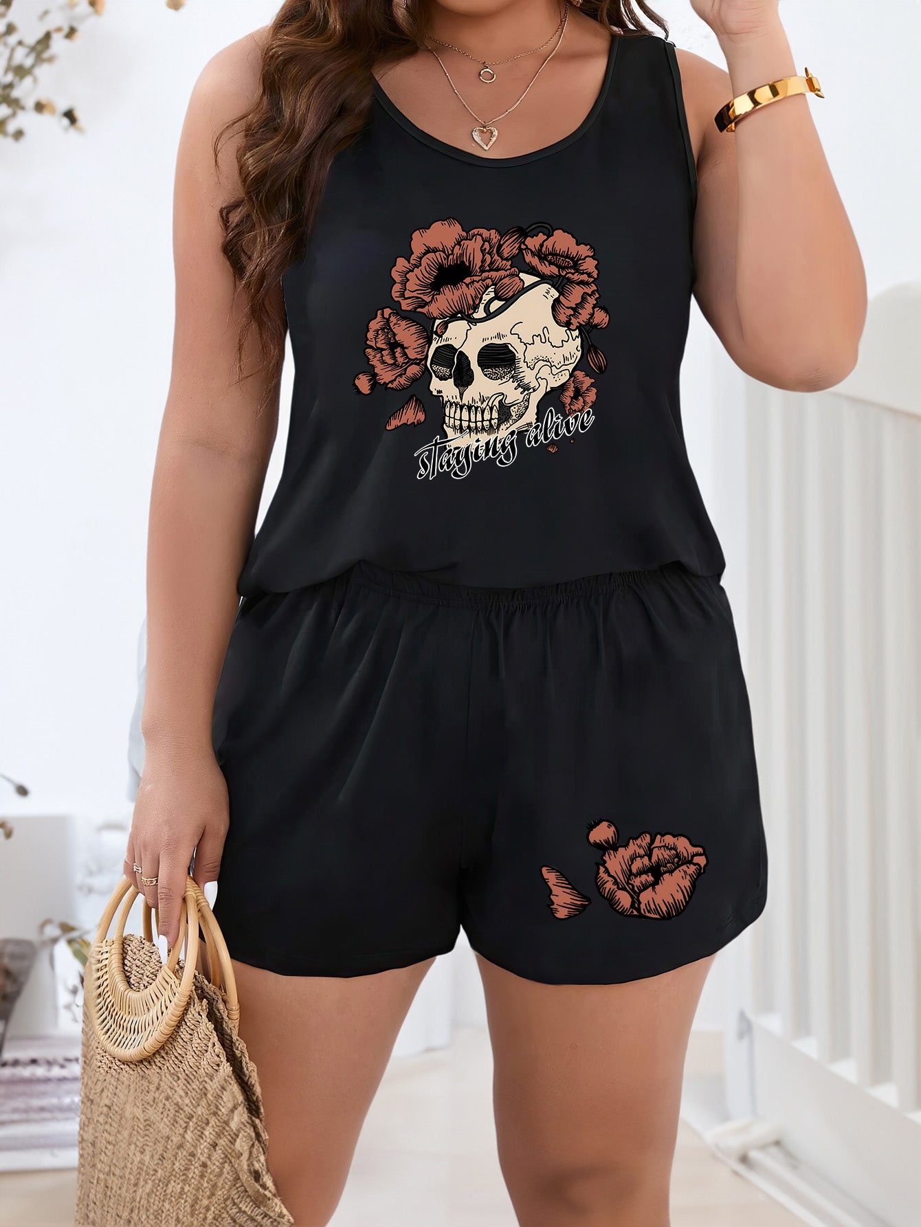  Gothic Loungewear Set Floral Skull Tank Top & Shorts Pajama