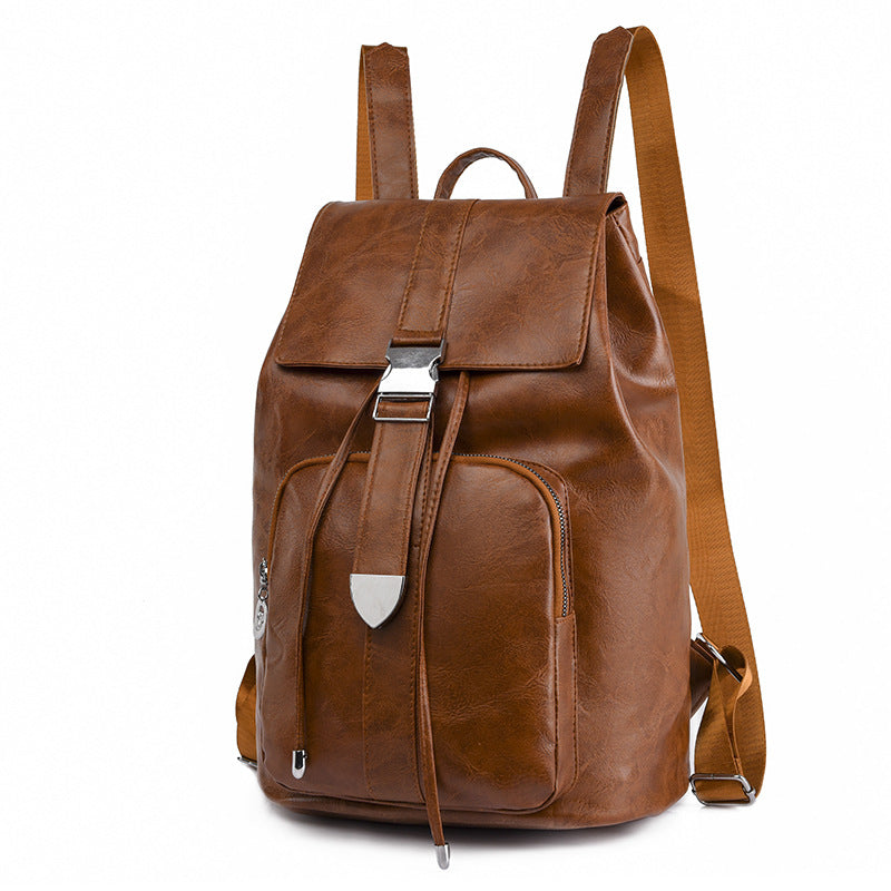 Retro Drawstring Large Capacity Backpack PU Leather Textured School Travel Bag
