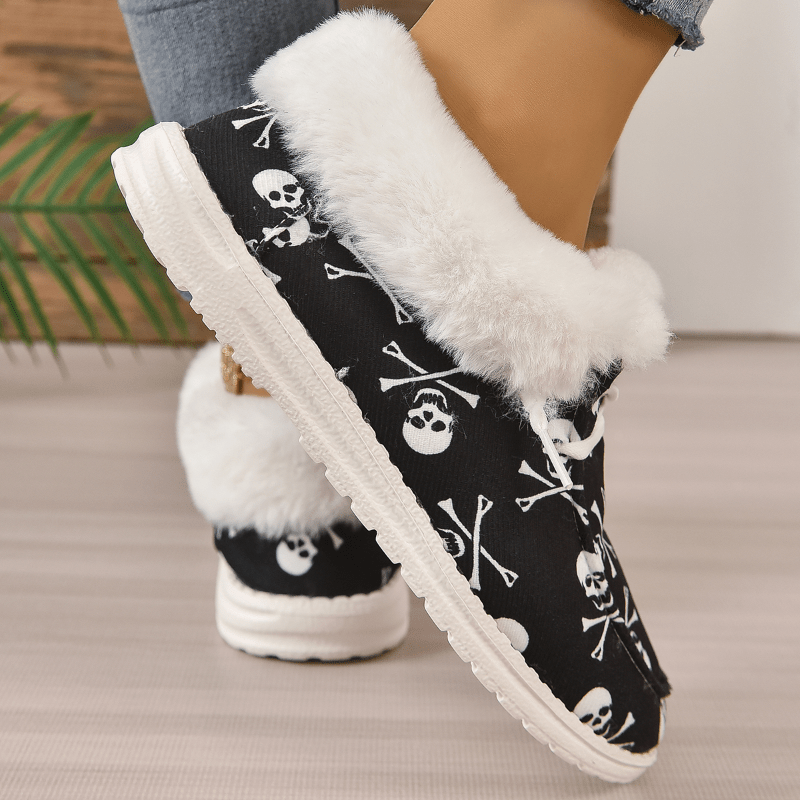 Women's Skull Pattern Short Boots Plush Lined Outdoor Halloween Shoes