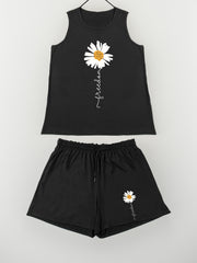  Daisy Print Loungewear Set Tank Top & Shorts Pajama Two Piece Set