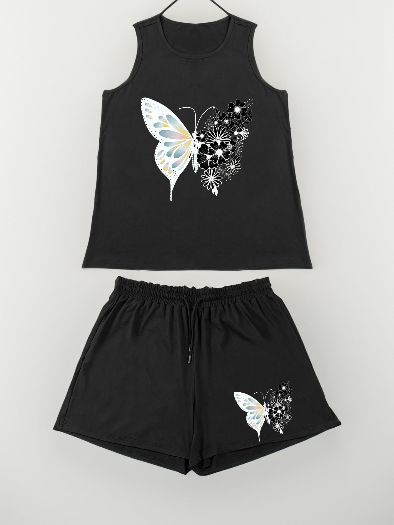  Floral Butterfly Print Tank Top & Shorts Pajama Set