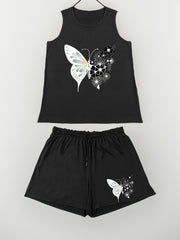  Floral Butterfly Print Tank Top & Shorts Pajama Set