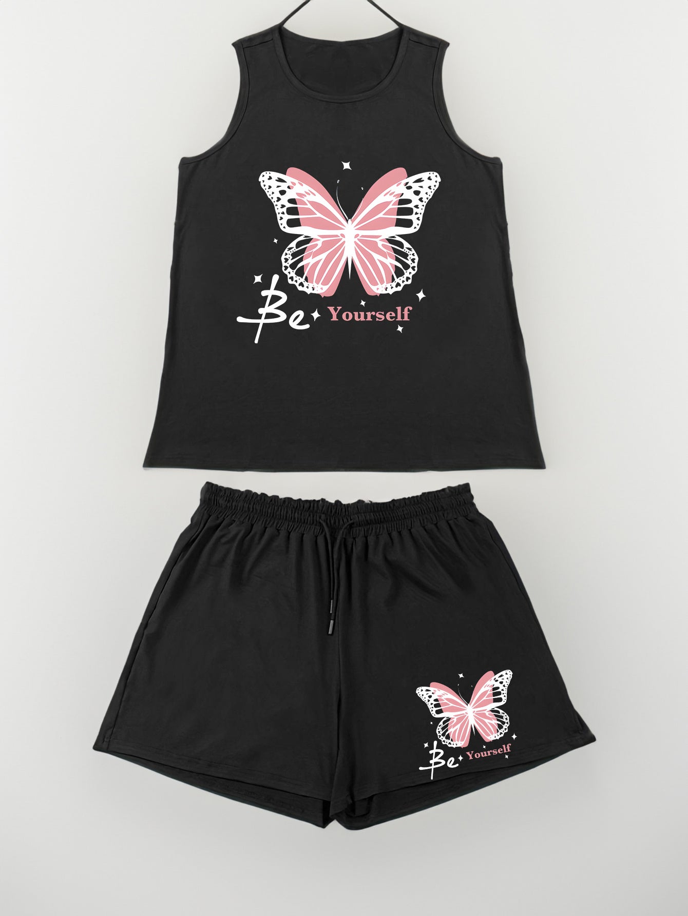  Butterfly & Slogan Print Tank & Shorts Pajama Set