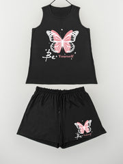  Butterfly & Slogan Print Tank & Shorts Pajama Set