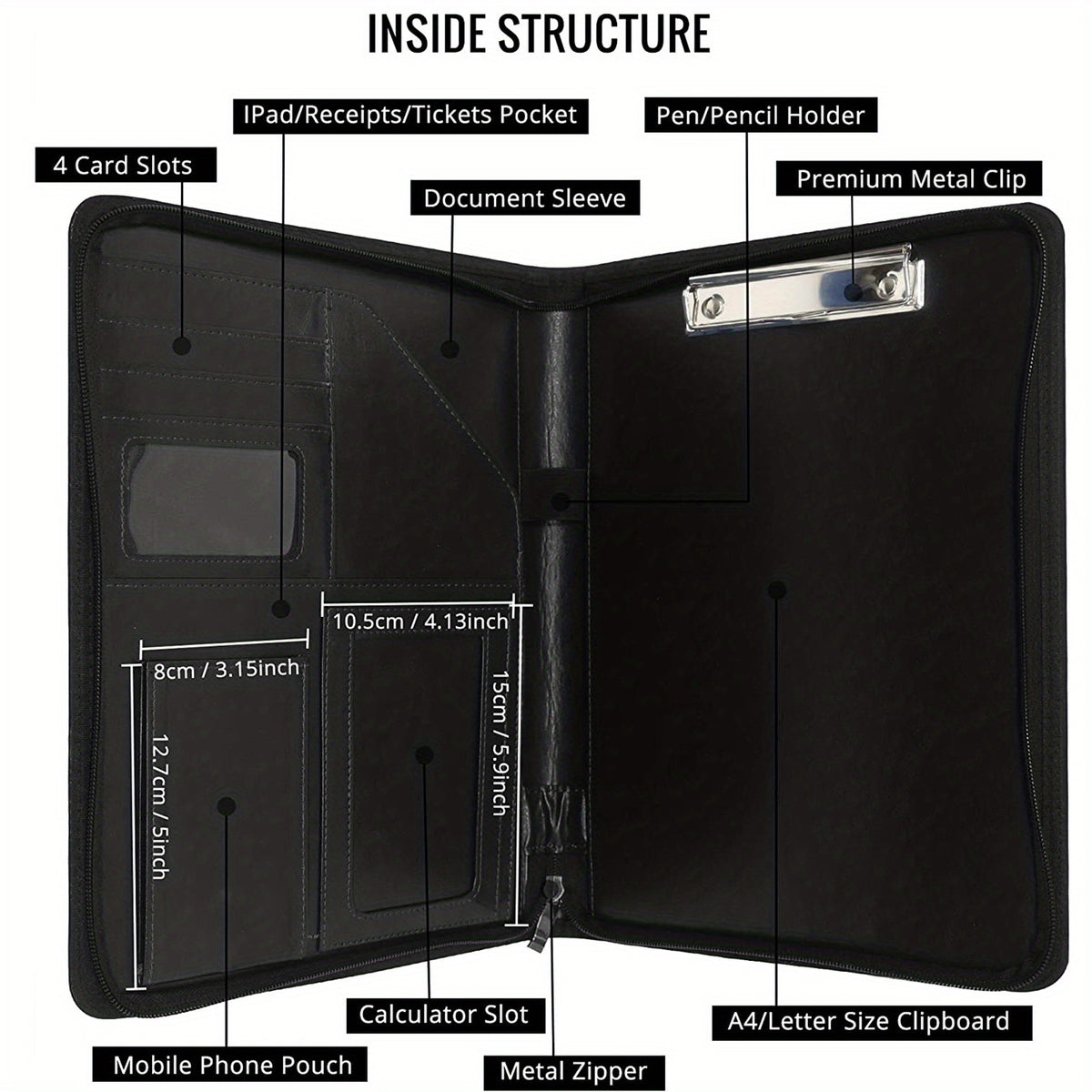 Professional Business Padfolio with Zipper Closure A4 Portfolio Binder