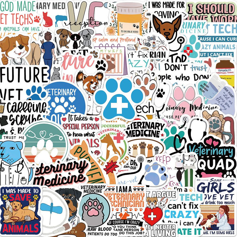50 Cartoon Vet Stickers Waterproof Reusable DIY Room Decor Phone Computer