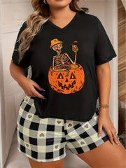  Halloween Loungewear Top Women's  Short Sleeve V Neck Pajama
