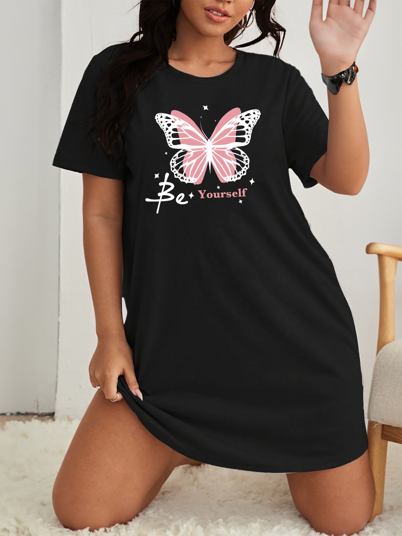  Butterfly Print Nightdress Casual Loungewear Dress