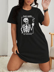 Plus Size Halloween Lounge Dress Women's Skull & Letter Print Nightdress