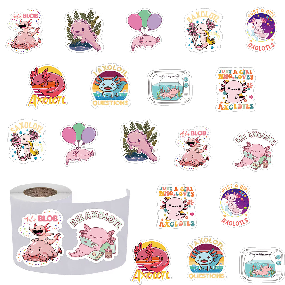 500pcs Axolotl Stickers 2.54 cm Labels 10 Patterns Pack Waterproof Vinyl Sticker
