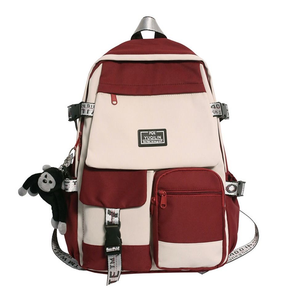 Colorblock Zipper Backpack Preppy School Bag Chain Decor Daypack