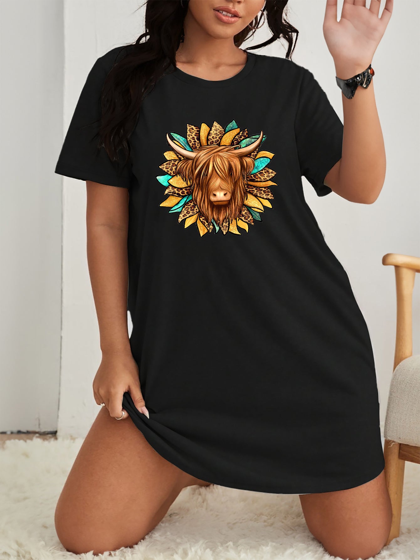  Leopard Sunflower & Cow Print Short Sleeve Casual Lounge Dress