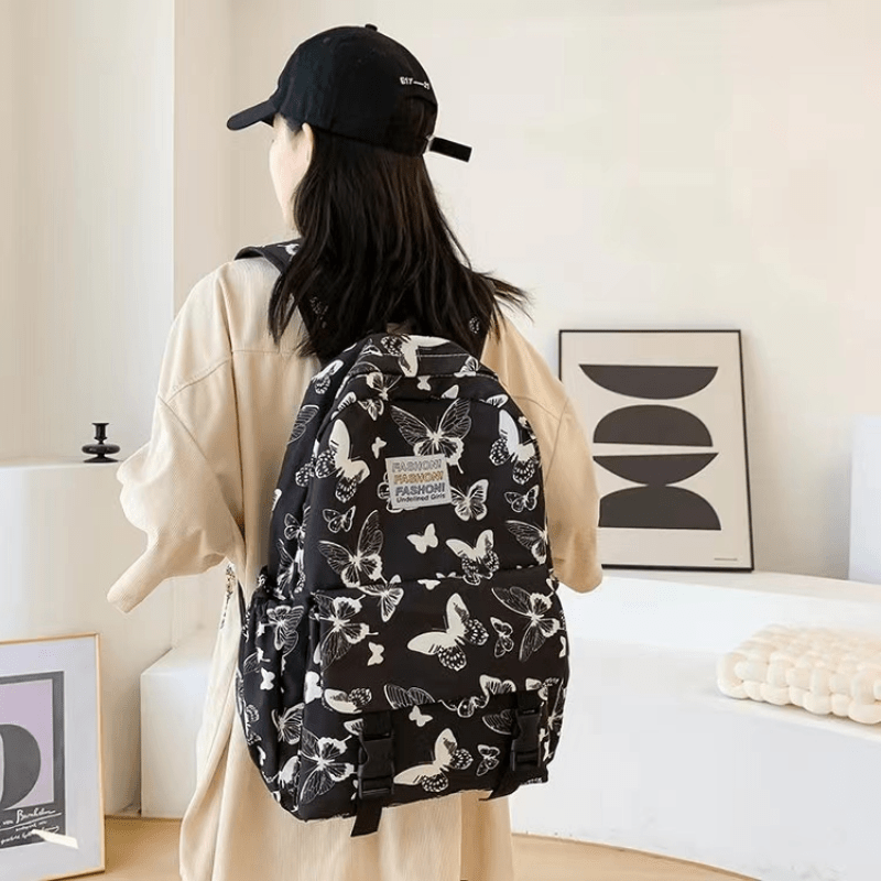 Butterfly Print Large Capacity Backpack Canvas Lightweight School Travel Bag