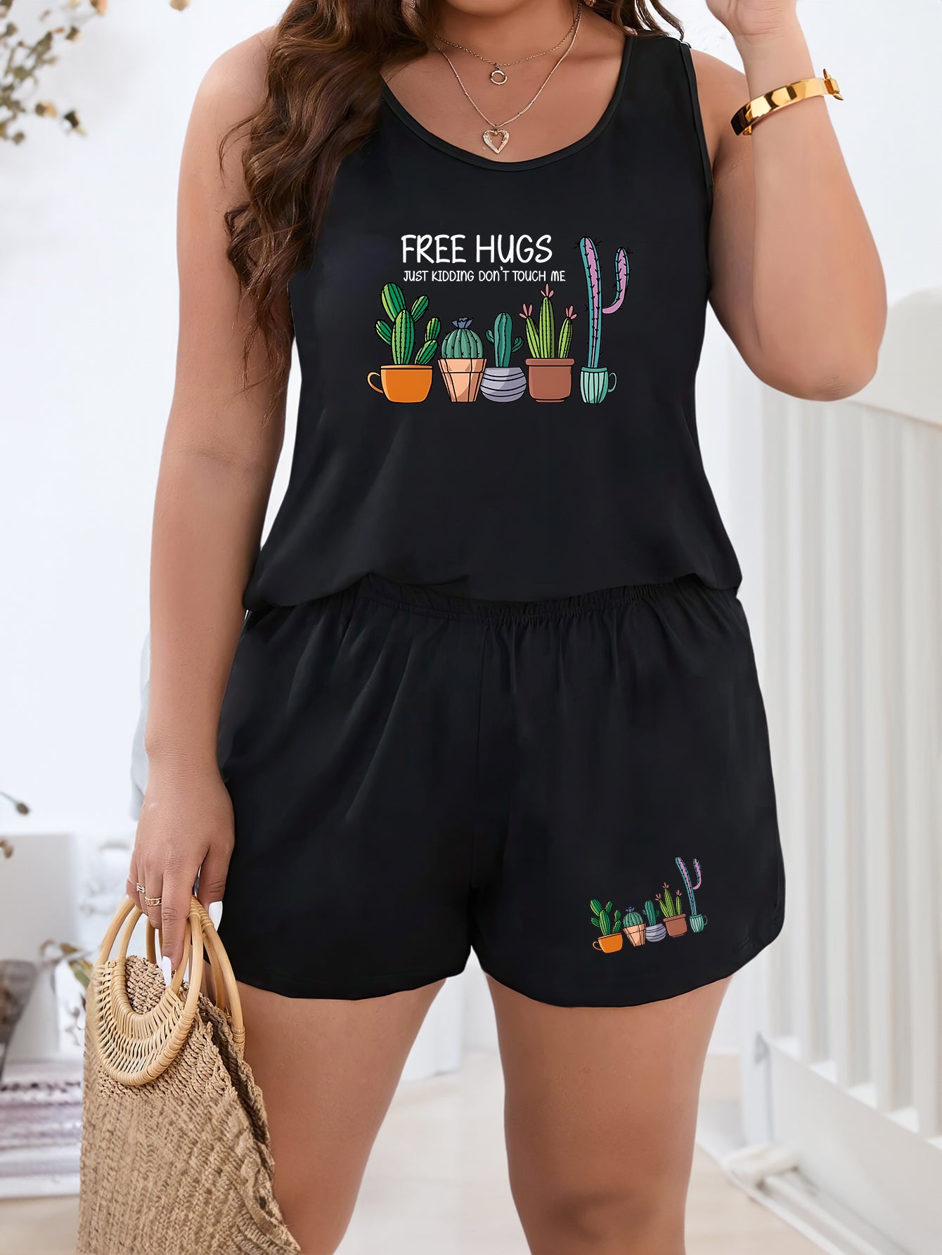  Cactus & Letter Print Tank Top & Shorts Pajama Set