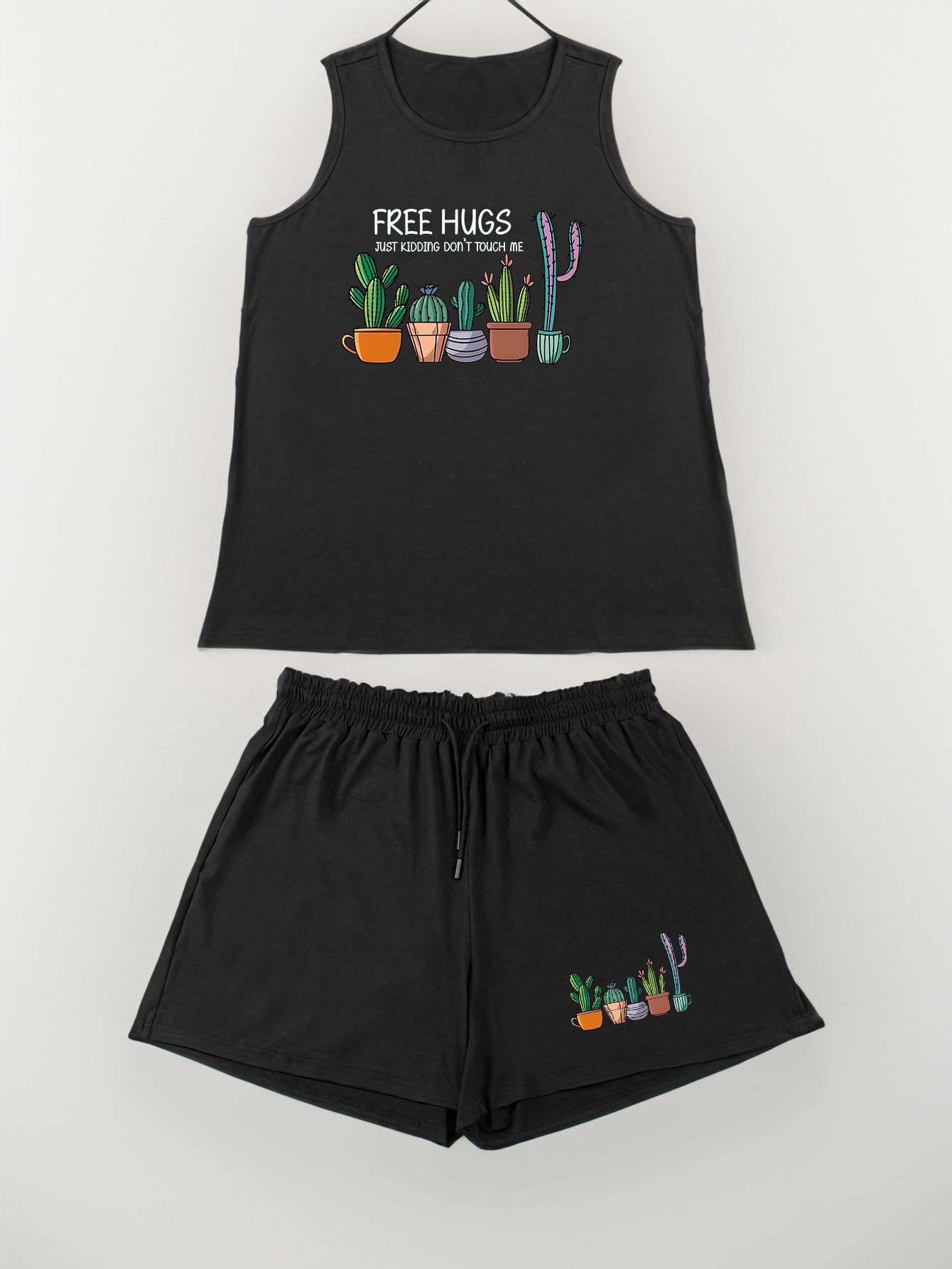  Cactus & Letter Print Tank Top & Shorts Pajama Set