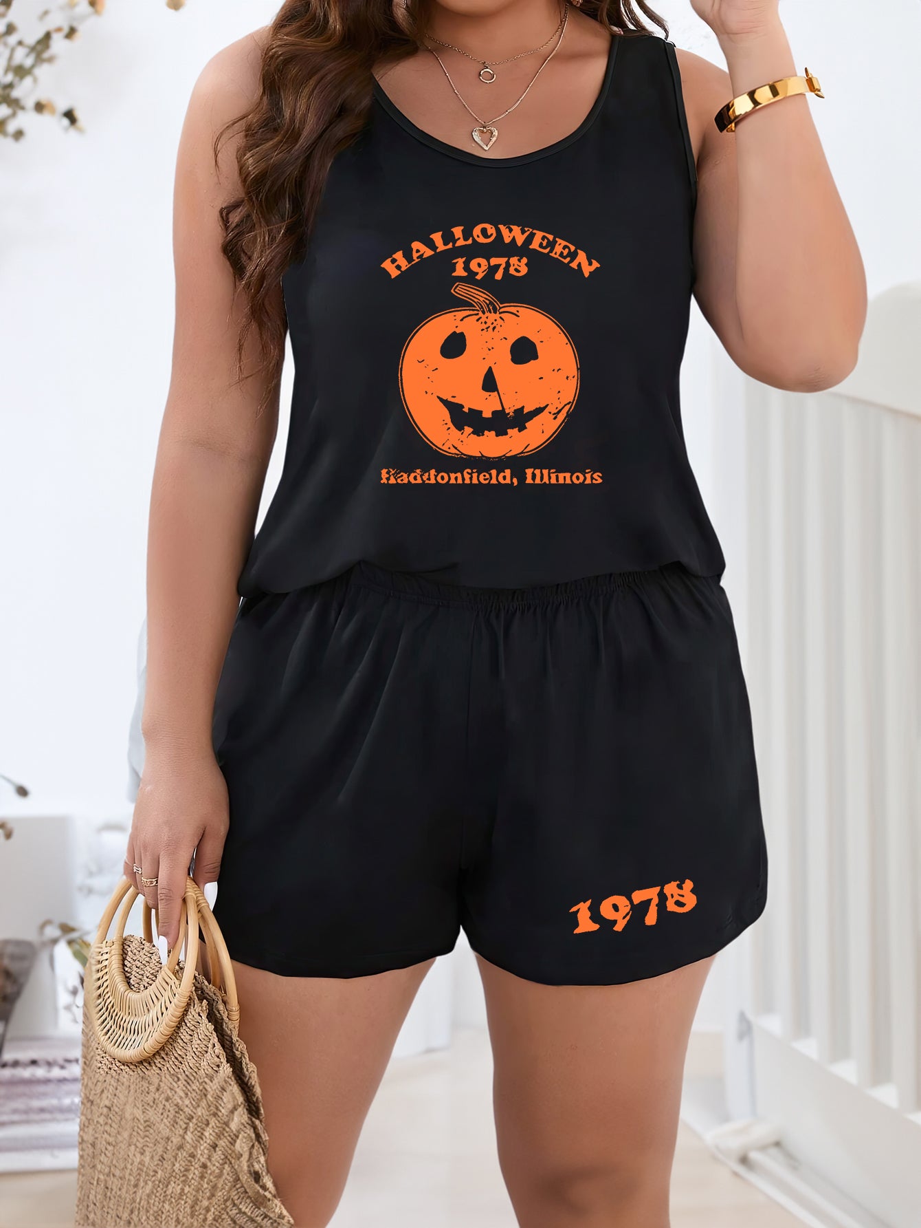  Pumpkin & Letter Print Tank Top & Shorts Lounge Set