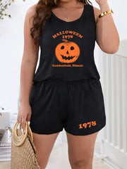  Pumpkin & Letter Print Tank Top & Shorts Lounge Set