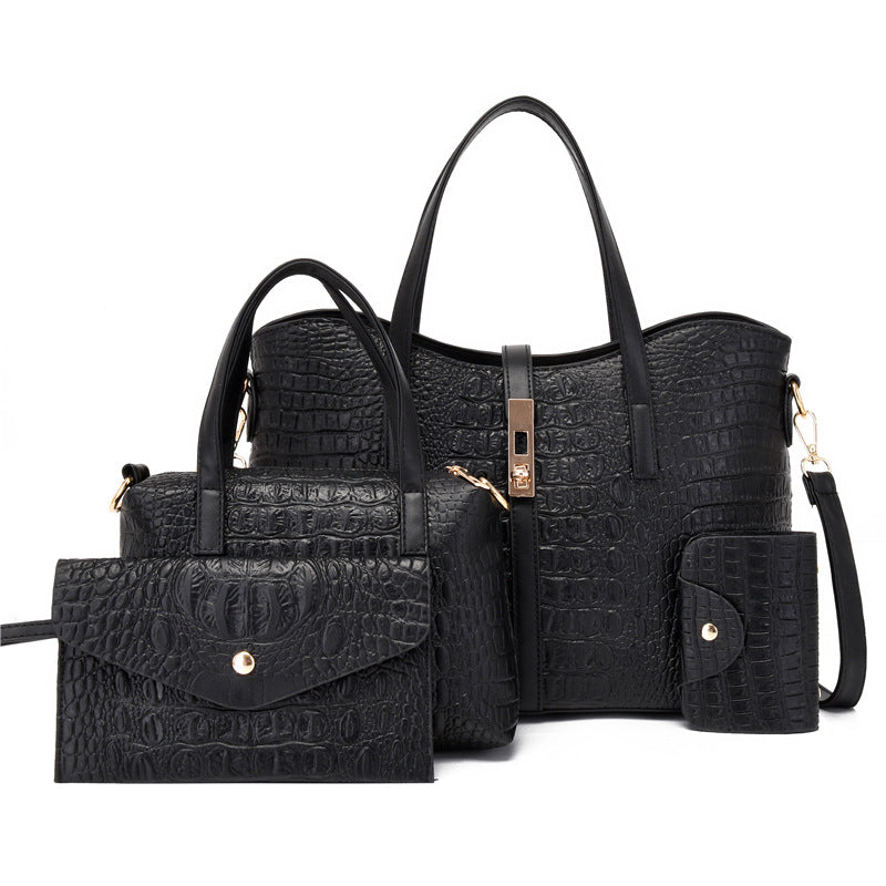 4 Pc Crocodile Embossed Bag Set Shoulder & Handbag & Wallet & Card Case