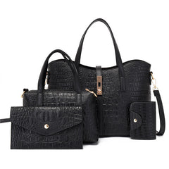 4 Pc Crocodile Embossed Bag Set Shoulder & Handbag & Wallet & Card Case