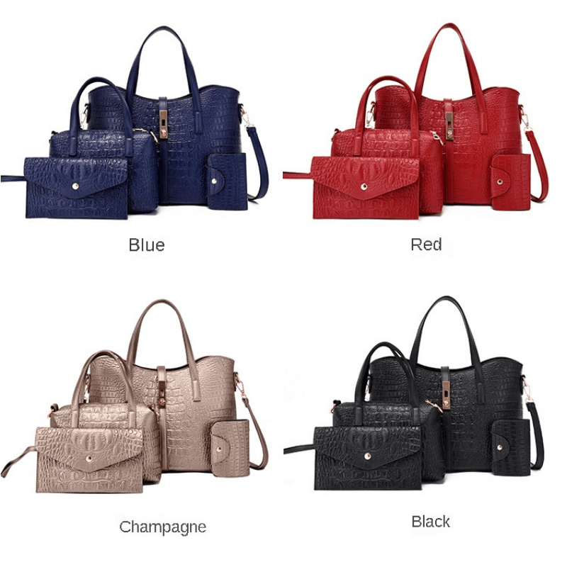 4 Pc Crocodile Embossed Bag Set Shoulder & Handbag & Wallet & Card Case