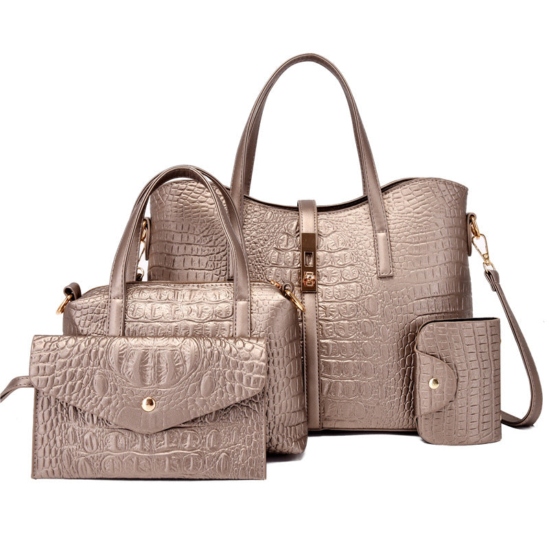 4 Pc Crocodile Embossed Bag Set Shoulder & Handbag & Wallet & Card Case