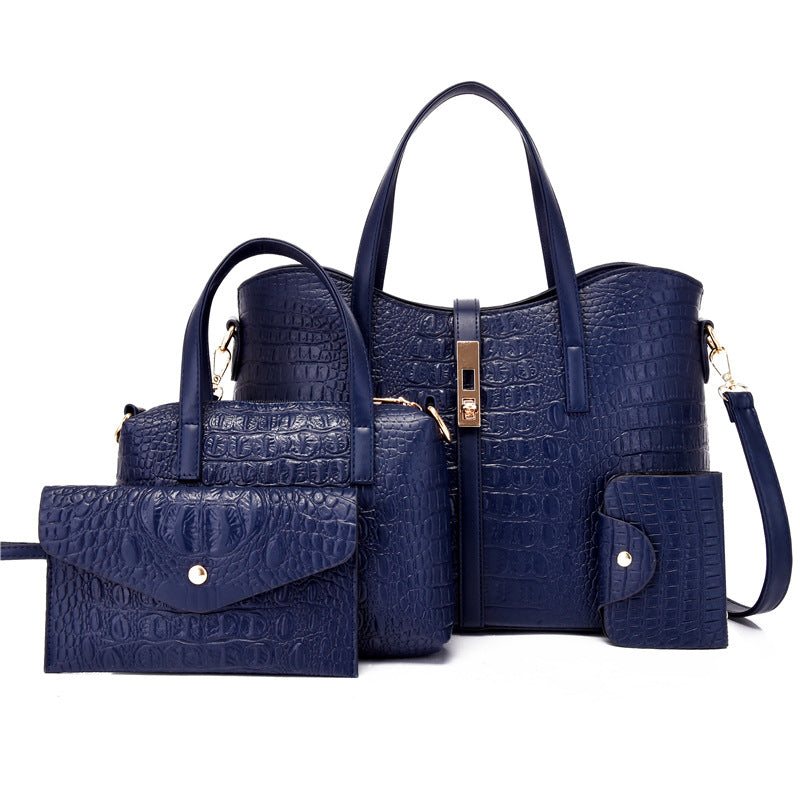 4 Pc Crocodile Embossed Bag Set Shoulder & Handbag & Wallet & Card Case