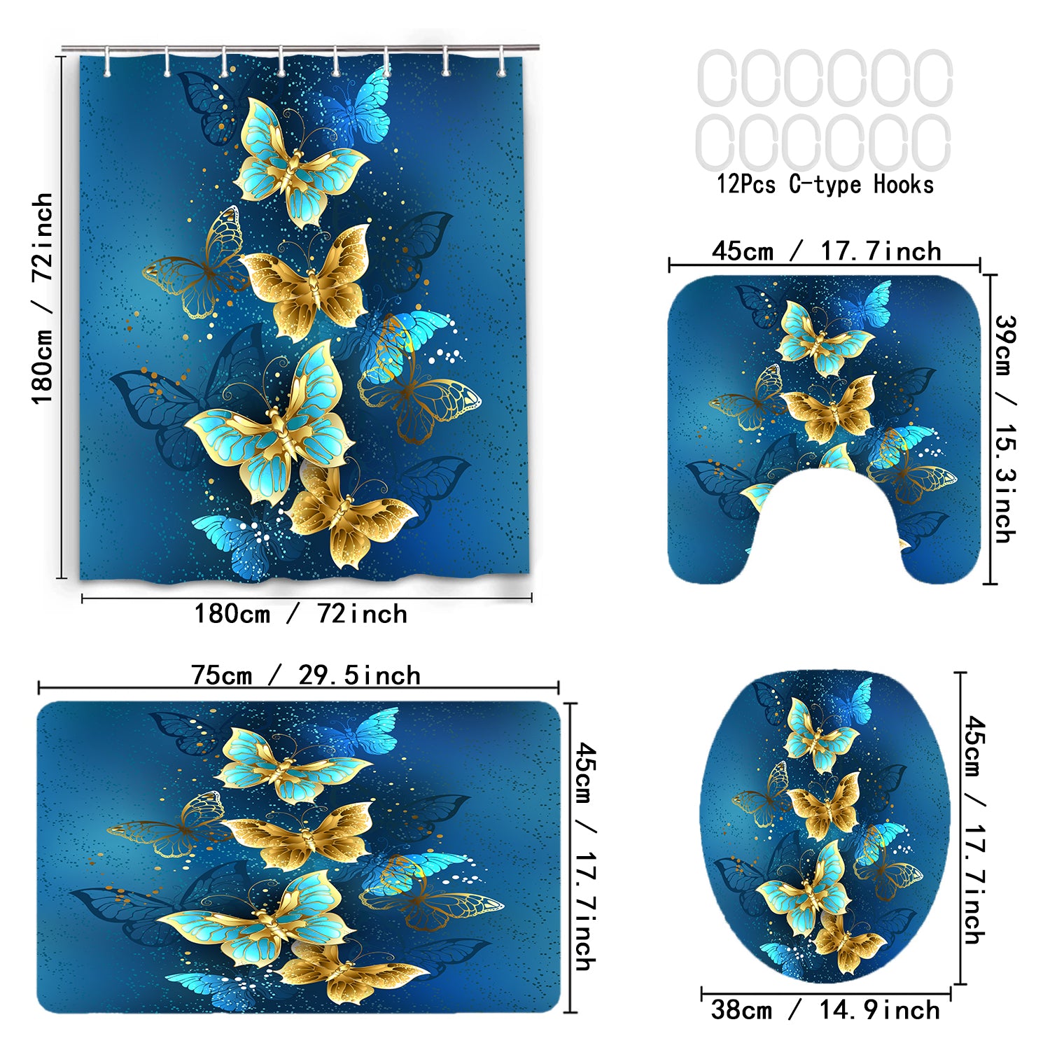 4pcs Golden Butterfly Shower Curtain Set 72 x 72 Inch