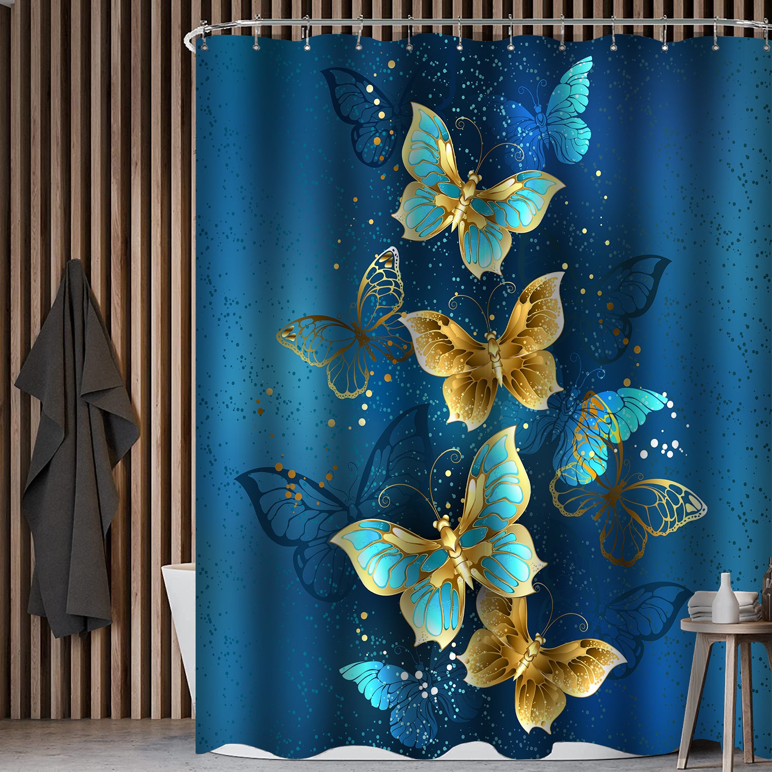 4pcs Golden Butterfly Shower Curtain Set 72 x 72 Inch