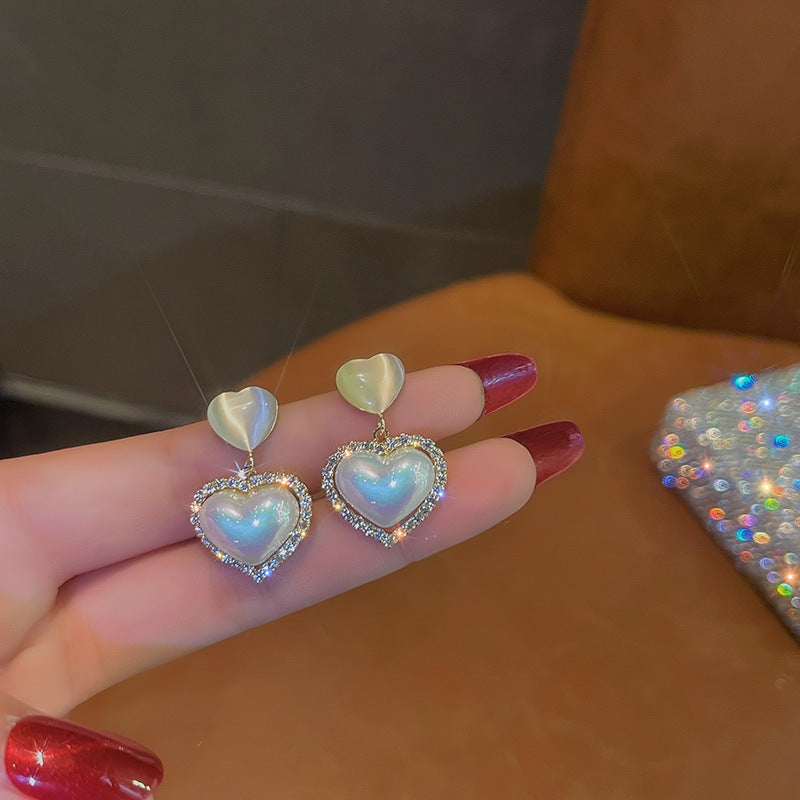 Sweet Love Heart Cat Eye Stone Earrings