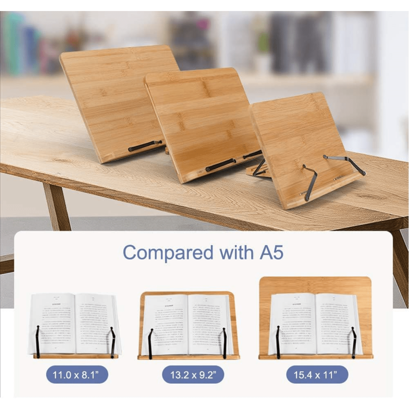 Adjustable Bamboo Book Stand with Page Paper Clips