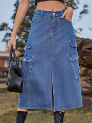Cargo Denim Midi Skirt Y2K Style Elastic Waist