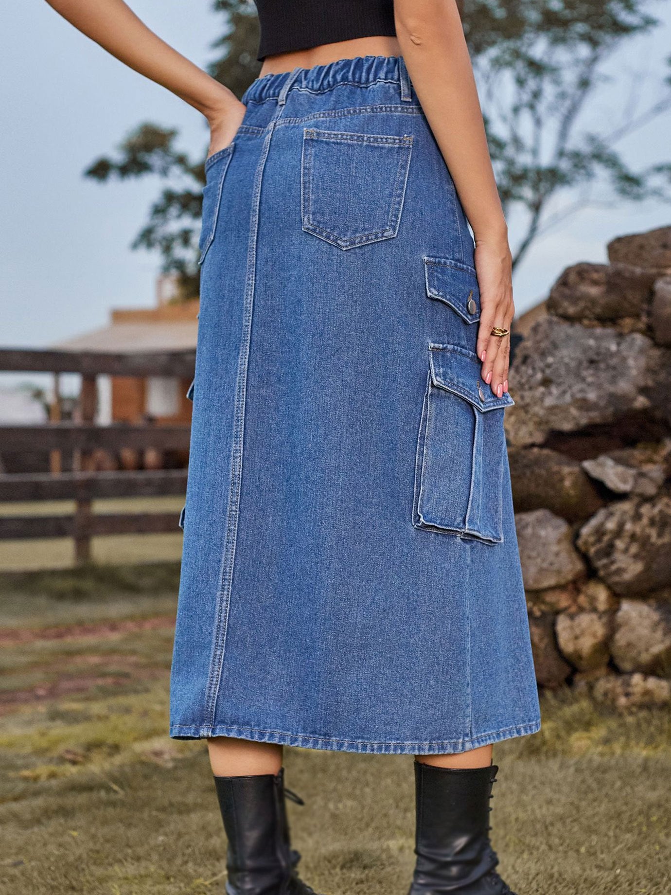Cargo Denim Midi Skirt Y2K Style Elastic Waist