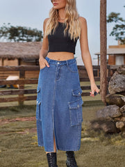 Cargo Denim Midi Skirt Y2K Style Elastic Waist
