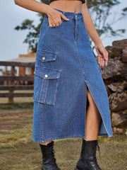 Cargo Denim Midi Skirt Y2K Style Elastic Waist