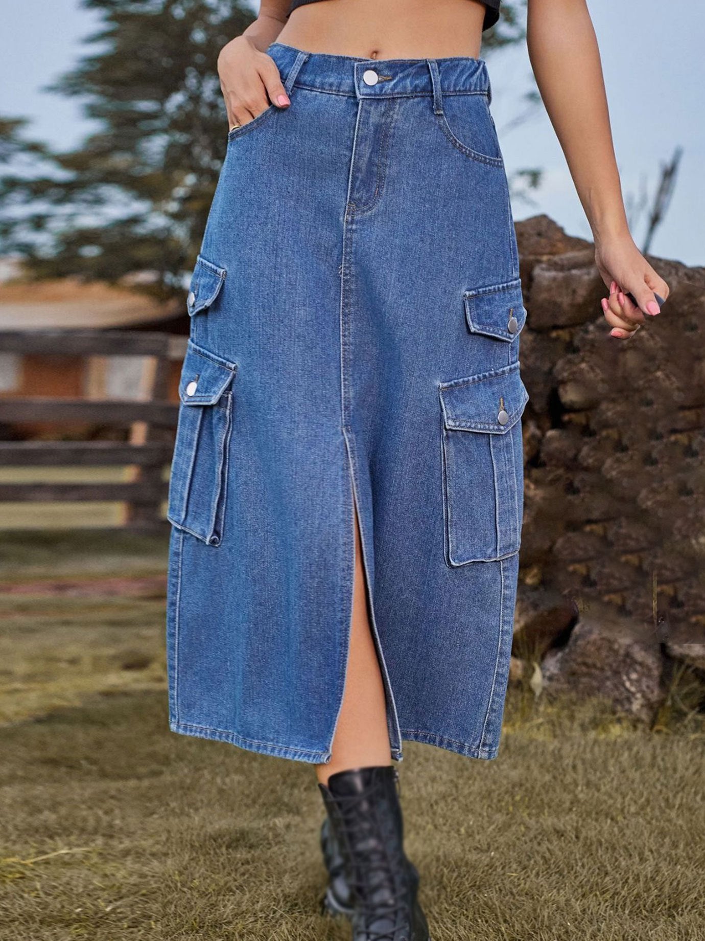 Cargo Denim Midi Skirt Y2K Style Elastic Waist