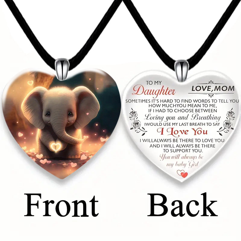 Daughter Elephant Pattern Heart Pendant Necklace Gift