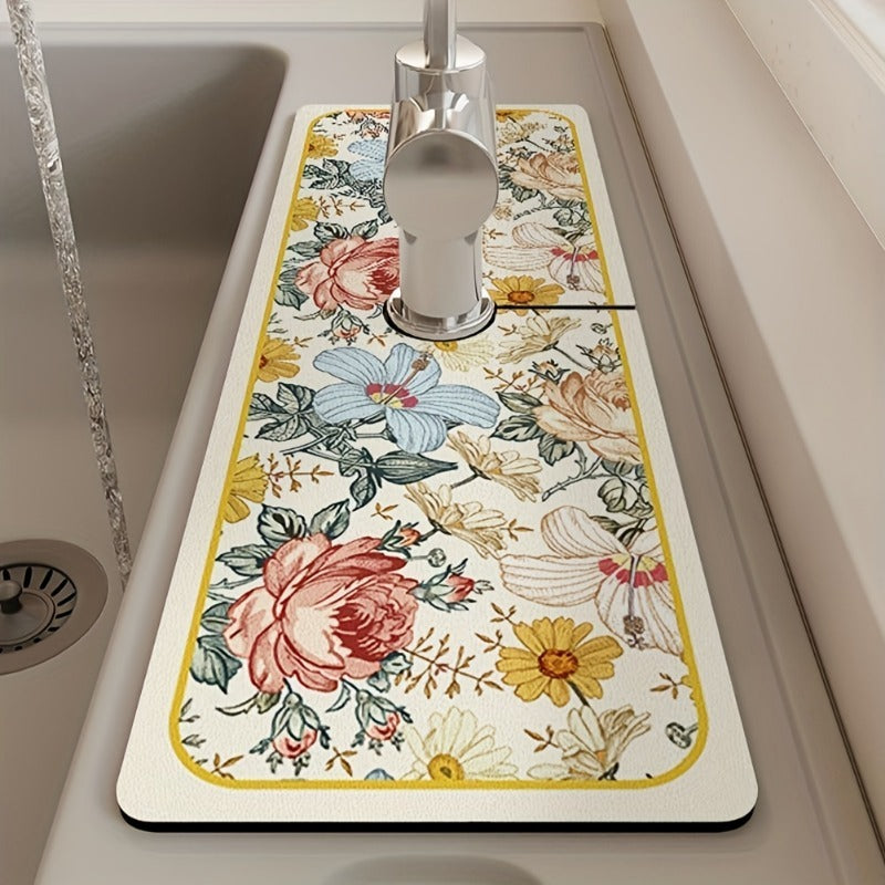 Floral Rubber Dish Drying Mat for Kitchen Bathroom Countertop