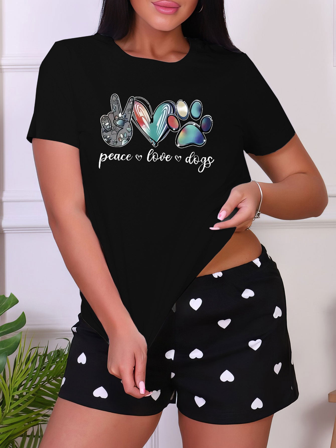 Letter Print Sleep Top Short Sleeve Crew Neck Women's Pajama