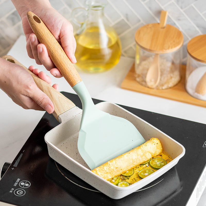 Wooden Handle Silicone Spatula Tamagoyaki Flat Non Stick Pot Shovel